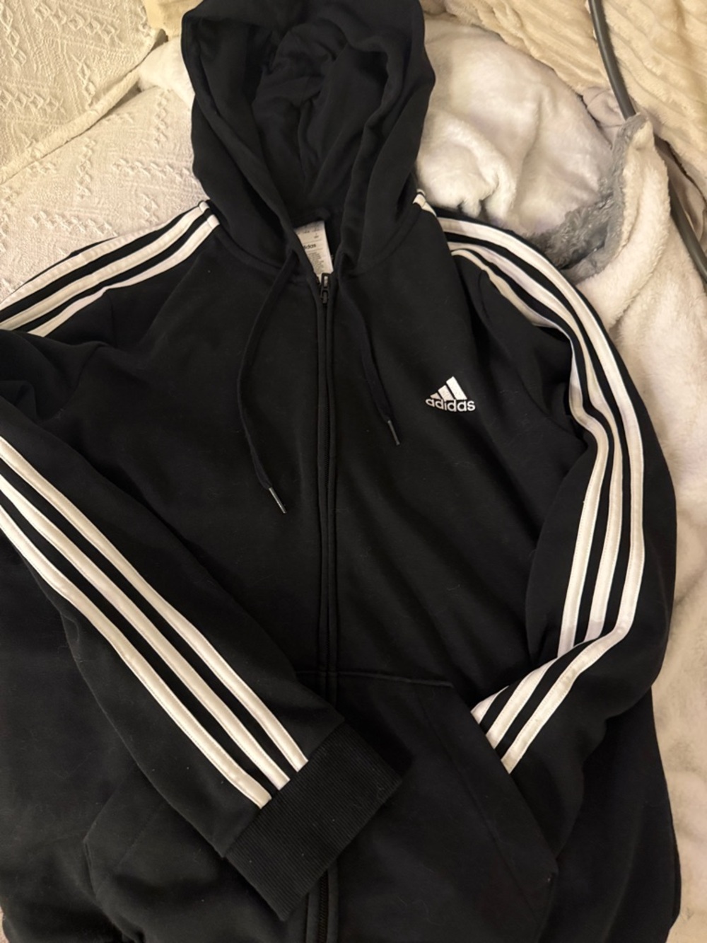 NWOT adidas Black Hooded Zip Jacket with White Three-Stripe Detail